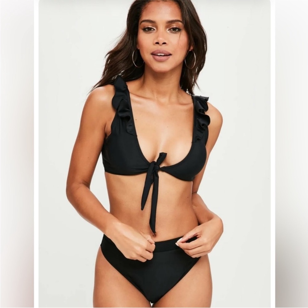 Black Ruffle Tie-Front Bikini Top - Picture 3 of 4